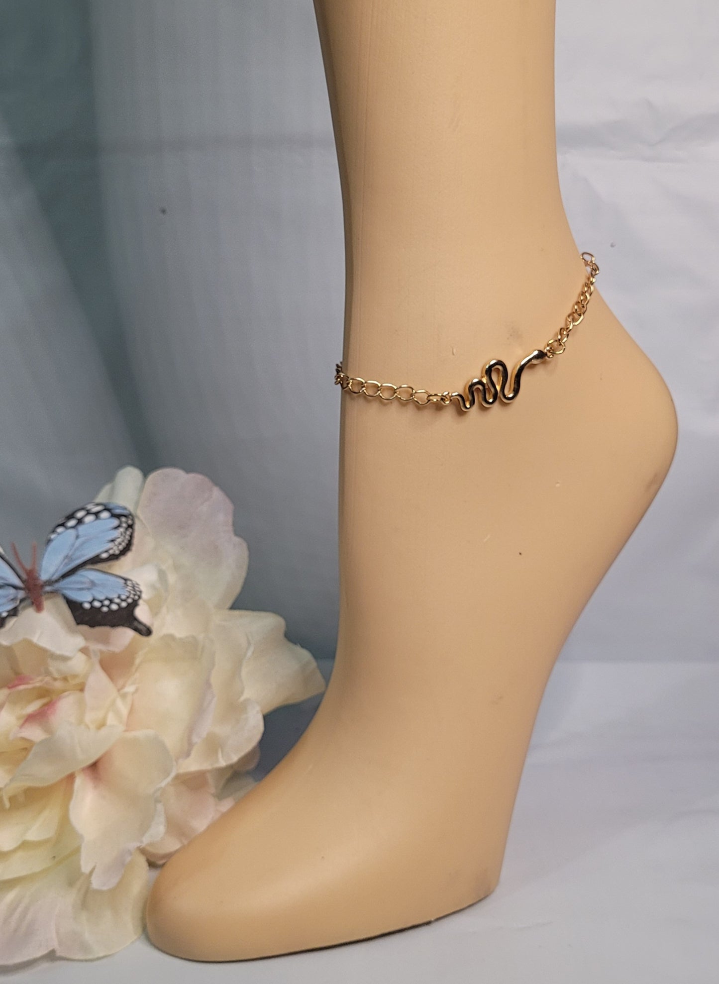 Gold Plated Anklet Snake Pendent w/ 2 Toe Rings