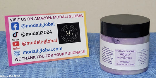Jar of Modali Global body butter with promotional card on a blue surface
