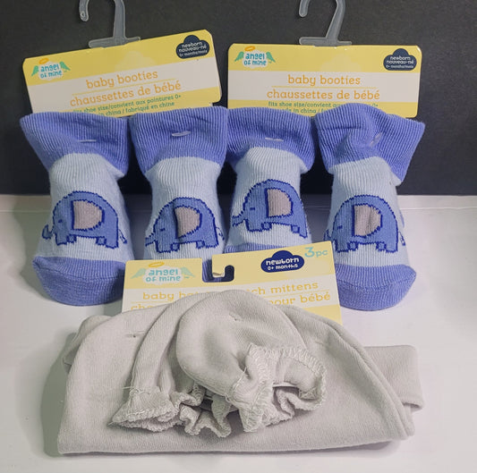Newborn Baby Set with Hat & Scratch mittens and Elephant socks 2 pairs
